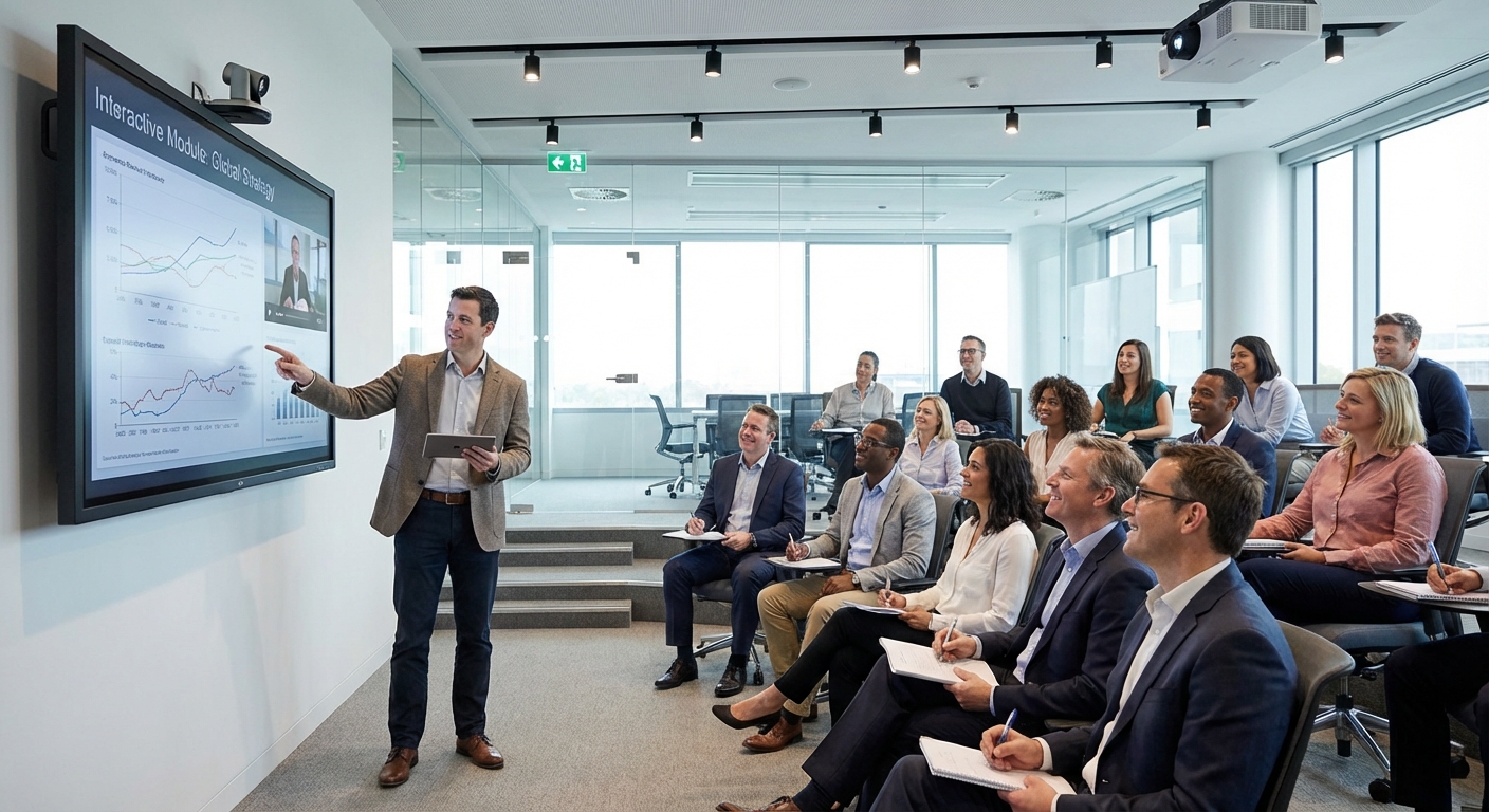 Formateur utilisant une tablette interactive pour une formation professionnelle